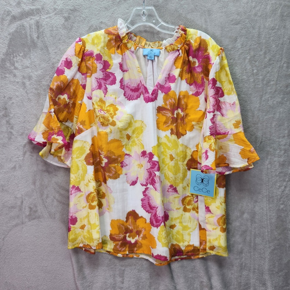 CeCe Womens Plus 1X Radiant Yellow Floral Print Blouse Skirt Set Spring Breakers - Picture 2 of 16